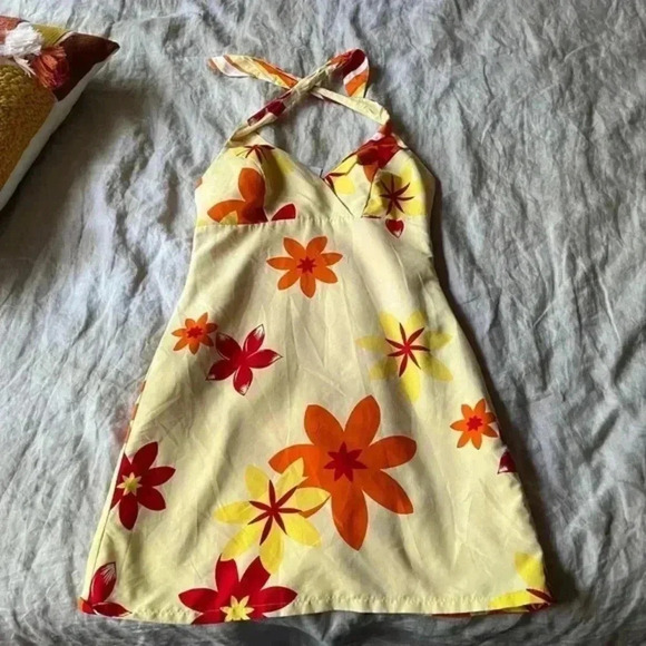 Reversible halter dress y2k striped floral vintage Hawaiian striped mini - Picture 5 of 7